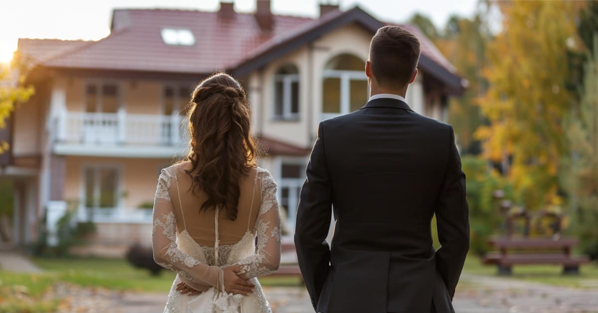 the backs of a bride and groom looking at a home