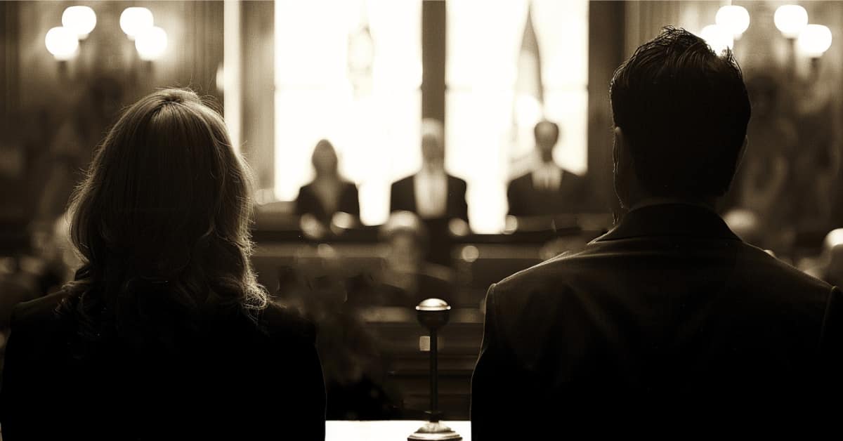 the back of a man and woman facing a panel of people in courtroom