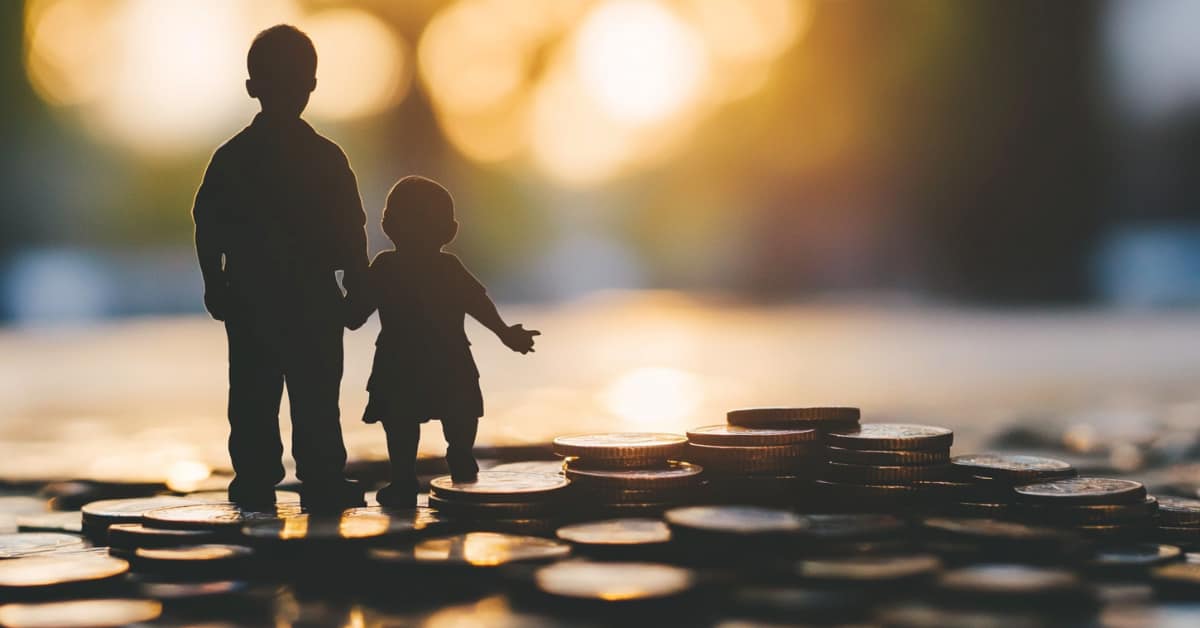 image of 2 children standing on coins