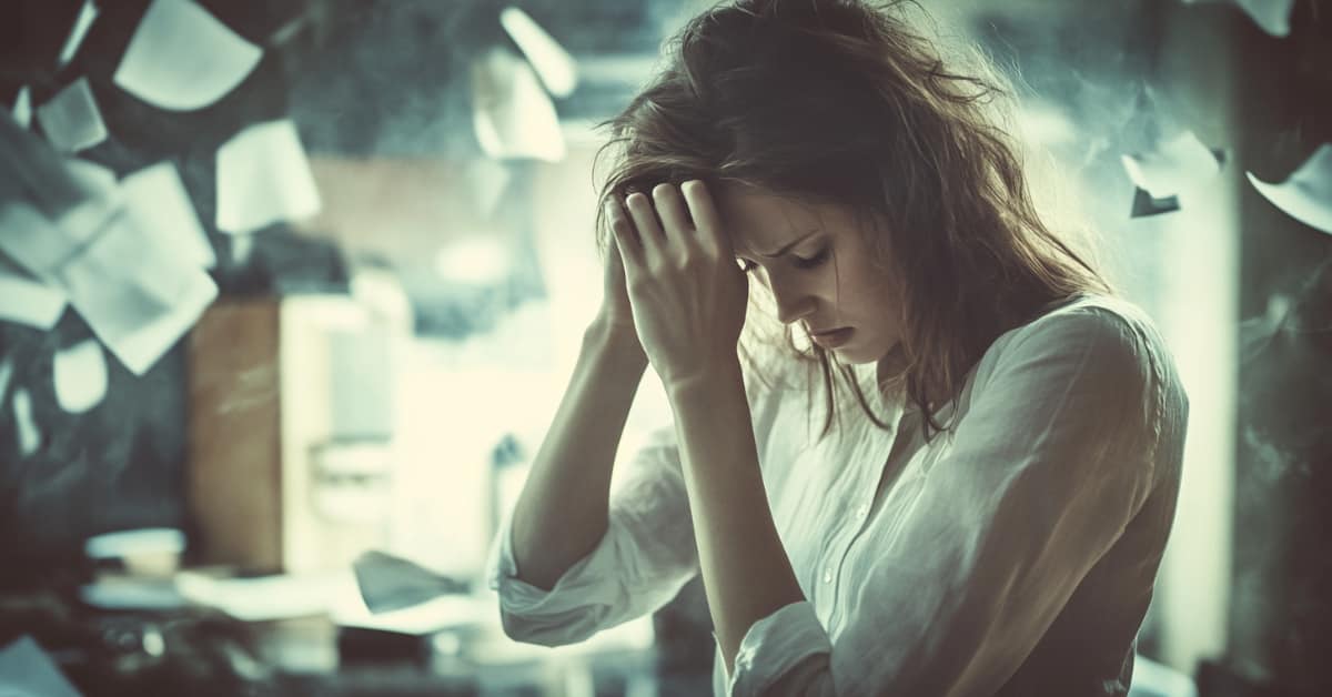 girl stressed with papers flying around trying to do a do-it-yourself DIY divorce