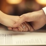 holding hands over a prenup agreement paper