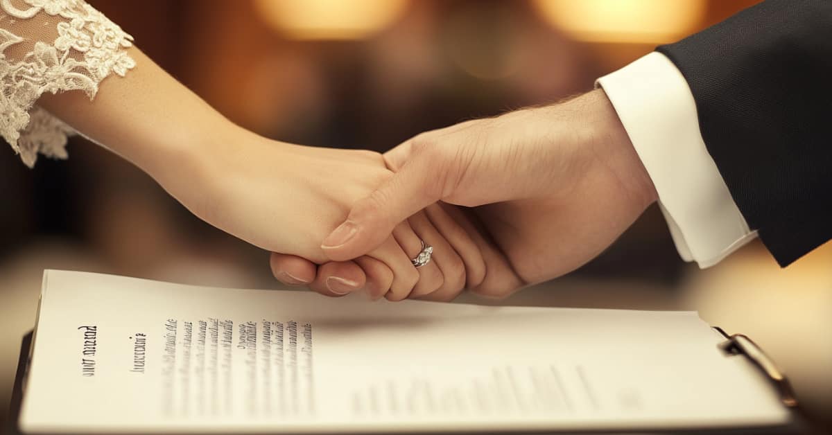 holding hands over a prenup agreement paper