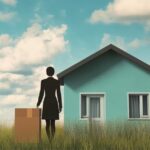 woman silhouette outside house with shipping box, concept of marital home