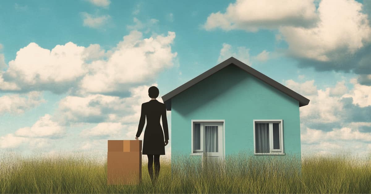 woman silhouette outside house with shipping box, concept of marital home