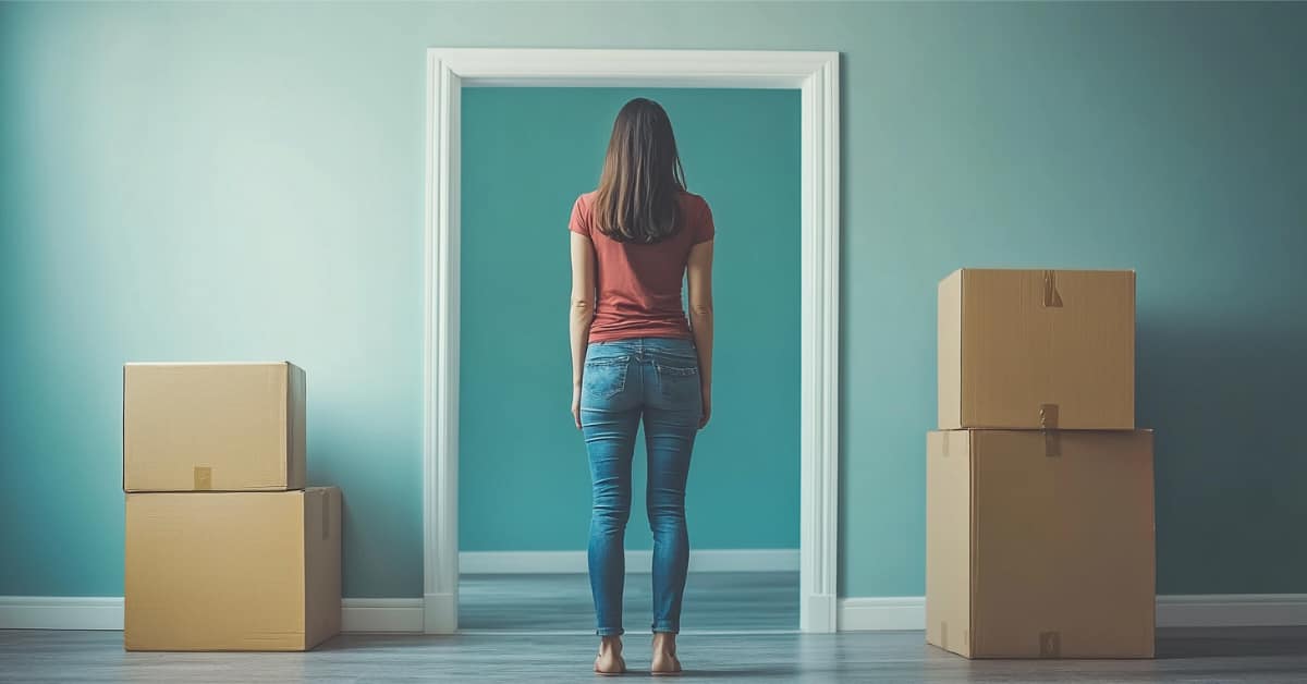 woman looking out door with 2 shipping boxes concept of Marital Home: Should I Stay or Leave During Divorce