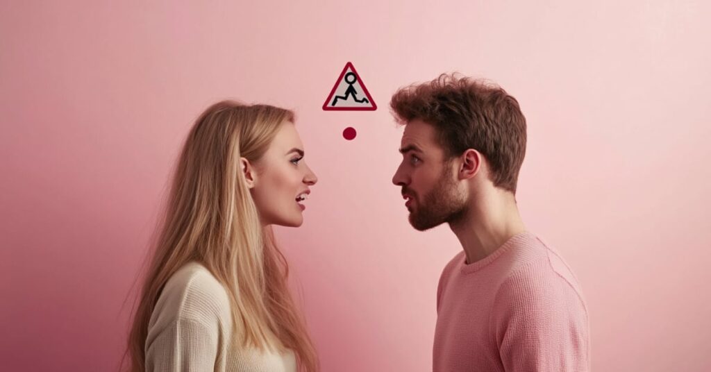 couple face to face with danger zone icon above their heads