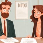 cartoon of couple each signing a paper, the Marital Settlement Agreement (MSA)