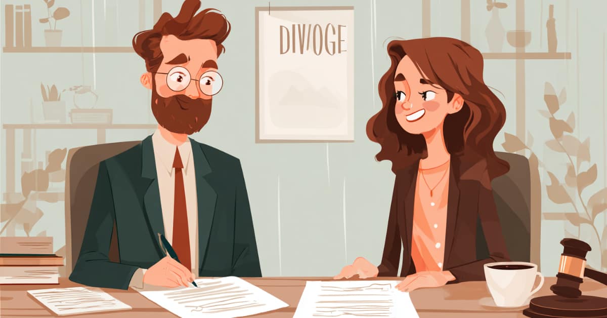 cartoon of couple each signing a paper, the Marital Settlement Agreement (MSA)