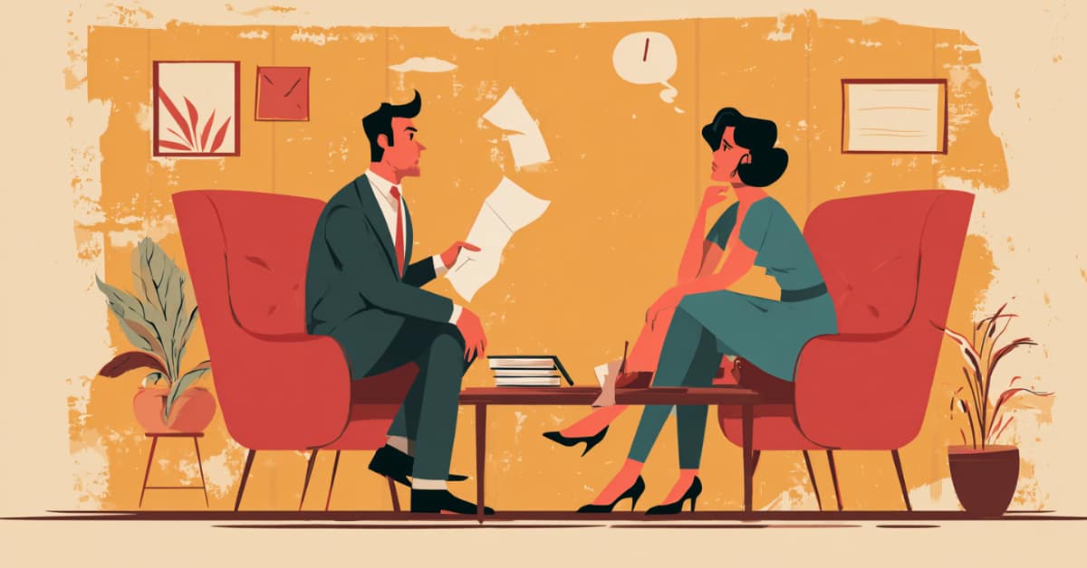 cartoon of couple sitting with paper about signing a marital settlement agreement msa