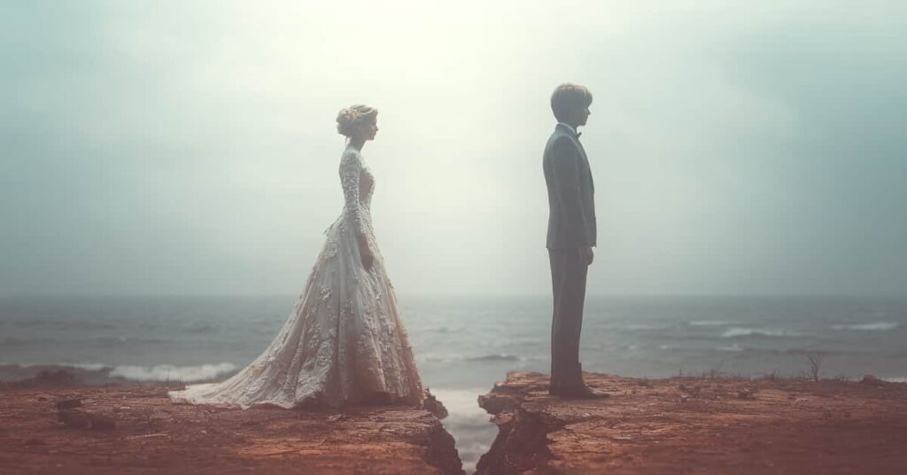 How to Start the Divorce Process in NJ? 2 girl in wedding dress, spouse, cracked land in between, concept of how to start the divorce process.