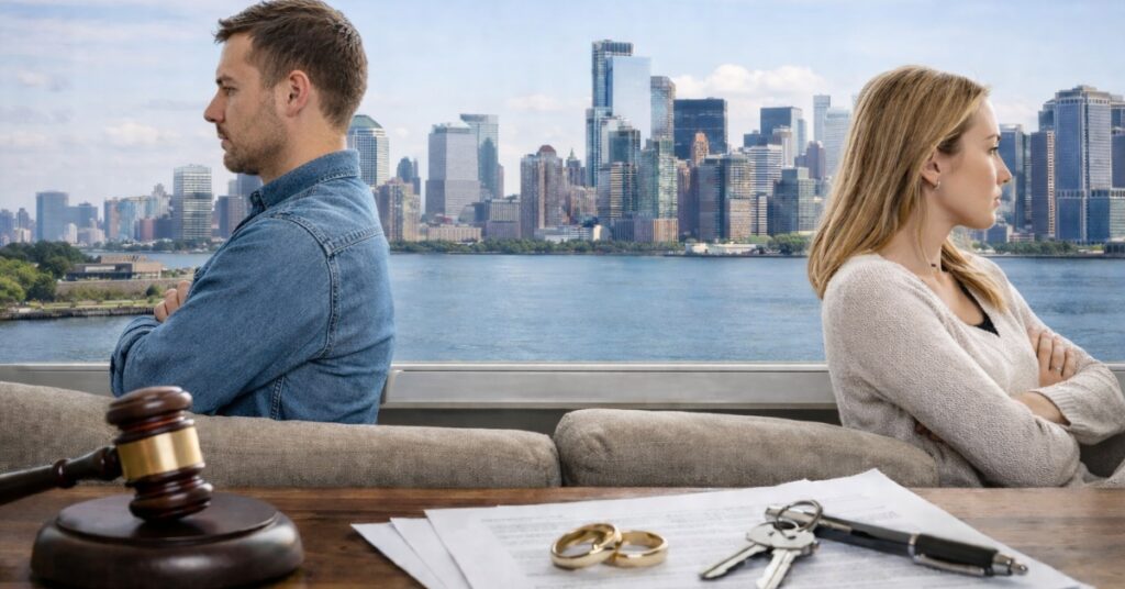 Is Common Law Marriage Recognized in New Jersey? 2 couple with backs to each other, NYC in the background, rings, keys, pen on paper, representing common law marriage in New Jersey