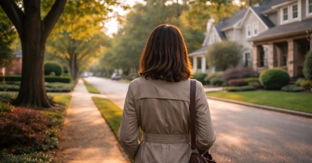 back of woman walking on neighborhood street, concept of life after divorce in new jersey