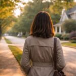 back of woman walking on neighborhood street, concept of life after divorce in new jersey