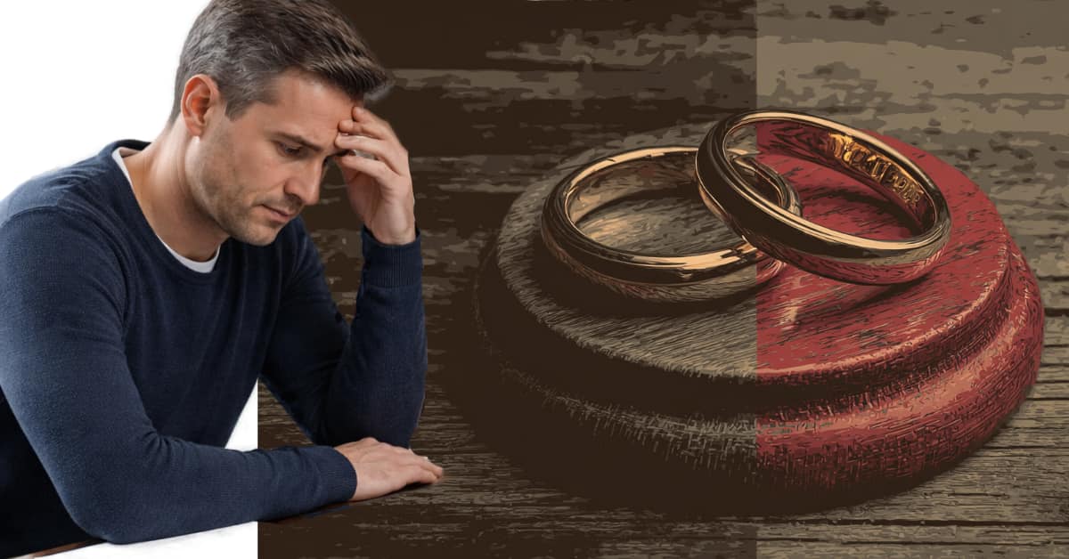 man stressed, wedding rings, concept of Post-Judgment Divorce