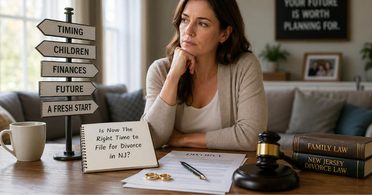 woman at desk confused, pad writing, is now the right time to file for a divorce in NJ?