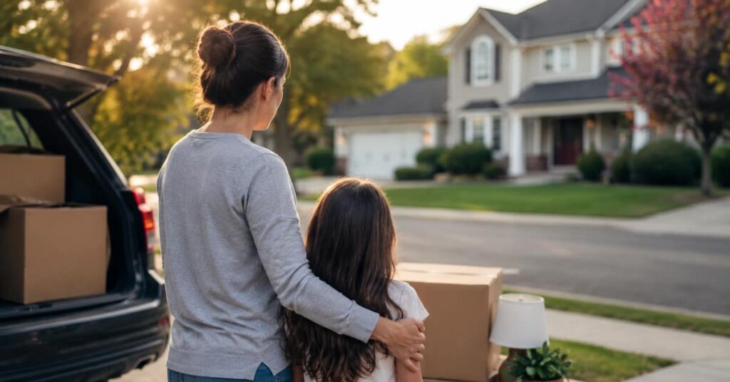 Relocation After Divorce in New Jersey: Can You Move with Your Child? 1 mother and child with moving boxes, concept of relocation after divorce in NJ